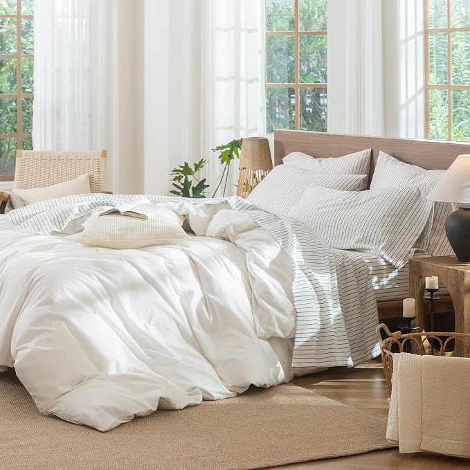 MooMee Stripes Fitted Bottom Sheet Only 100% Washed Cotton Linen Like Textured - Image 7