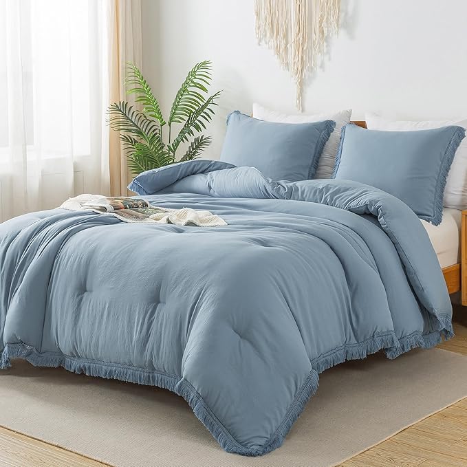 Andency Grayish Blue Comforter Set Queen Size, 3 Pieces Boho Tassel Lightweight by Andency