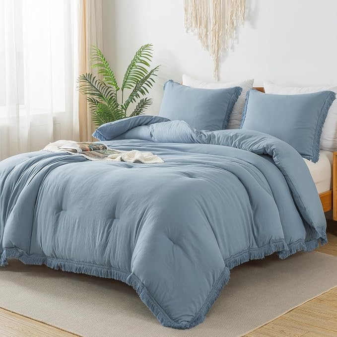 Andency Grayish Blue Comforter Set Full Size, 3 Pieces Boho Tassel Lightweight by Andency