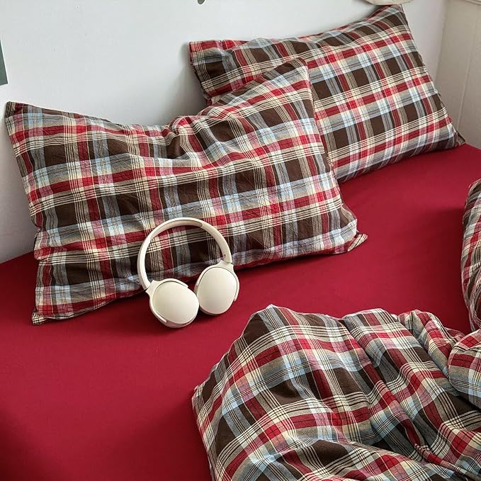 mixinni Vintage Red & Brown Buffalo Plaid Duvet Cover Set King Size - Image 6