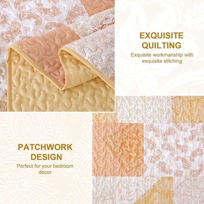 Mybedsoul Yellow Patchwork Quilt King Size, Soft Paisley Floral King Bedspreads - Image 4