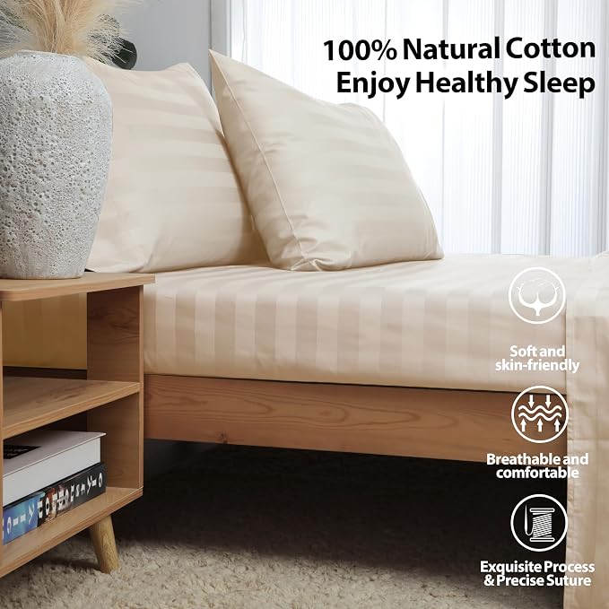 California King Size Striped Fitted Sheet Only Beige Color, 100% Egyptian - Image 3