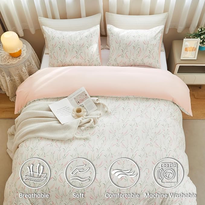 BOLINLIVING Pink Floral Duvet Cover King Size, Reversible Botanical Spring - Image 3