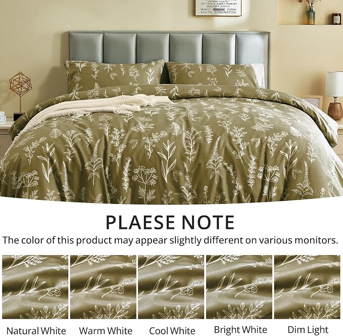 MUXHOMO Duvet Cover Queen Size, Reversible Floral Olive Green Duvet Cover Set - Image 6