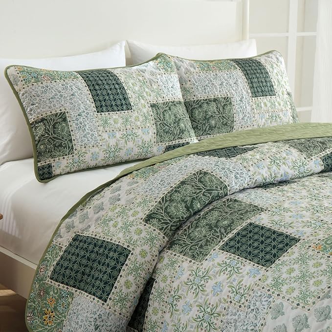 Xruibed Patchwork Quilt Set Queen Size 3 Pieces Green Floral Plaid Bedspread - Image 4