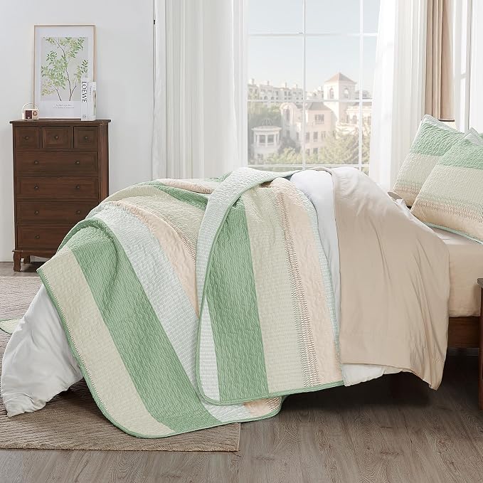 Andency Queen Quilt Bedding Set Mint Pink, 3 Pieces Patchwork Summer Striped - Image 2