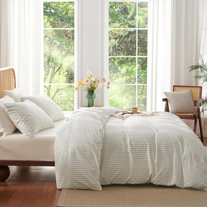 Nayoroom Striped Duvet Cover King Size 100% Washed Cotton White Brown Stripe - Image 3