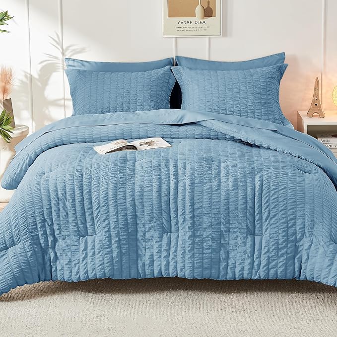 HYMOKEGE Mineral Blue Queen Comforter Set Seersucker 7 Pieces, All Season - Image 9