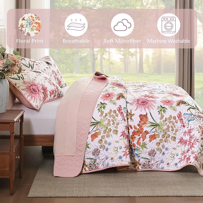 Yiran Pink Floral Quilts Queen Size, Sunflower Botanical Bedspread Bedding Set - Image 6