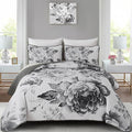 WONGS BEDDING Grey Boho Floral Quilt Set Queen, Elegant Gray Flower Bedspread by WONGSBEDDING