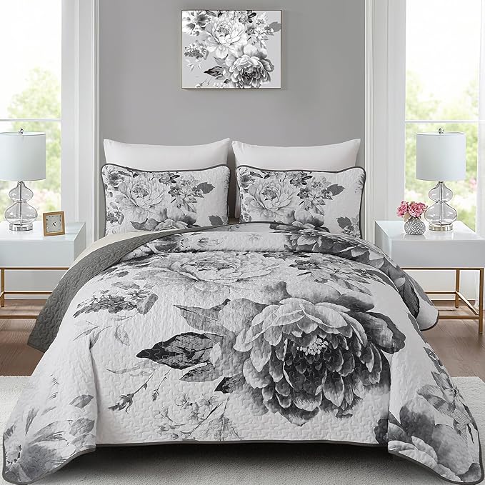 WONGS BEDDING Grey Boho Floral Quilt Set Queen, Elegant Gray Flower Bedspread by WONGSBEDDING