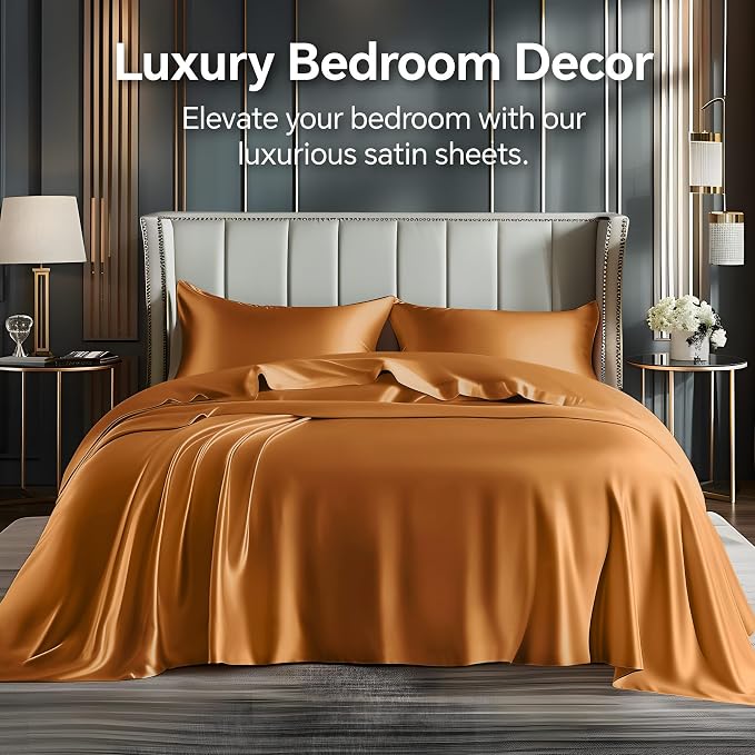 BEDELITE Satin Sheets Twin Size Bed Set, Luxury Soft Burnt Orange Silky Sheets - Image 2