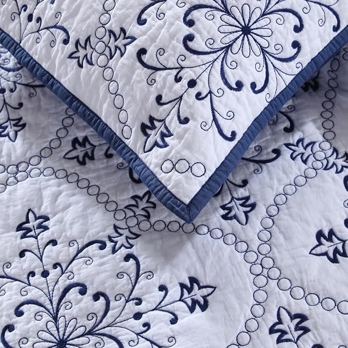 ROOMLIFE Quilt Set King Size 3D Floral Embroidery Pattern 3-Piece Cotton - Image 8