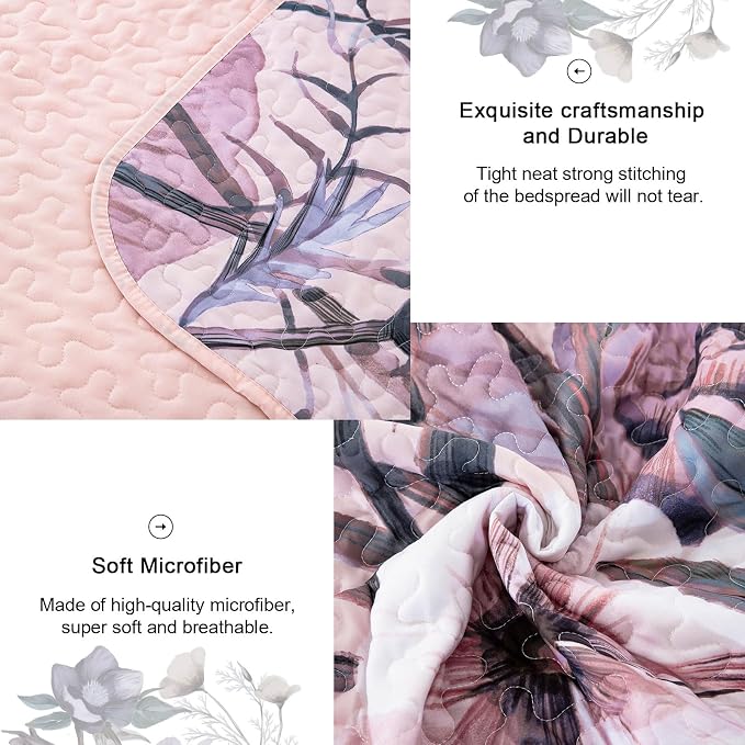 Floral Quilt Set King 3 Pieces Pink Floral Quilt Coverlet Set Soft Microfiber - Image 6