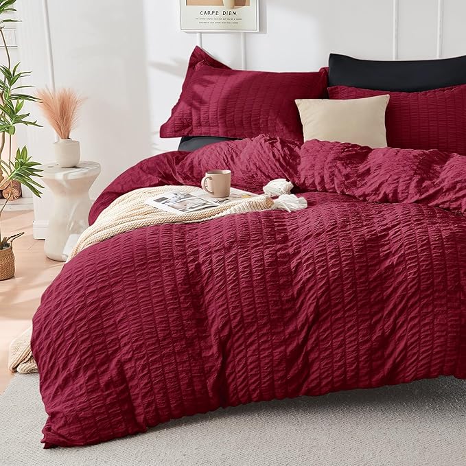 HYMOKEGE Dark Red/Black Duvet Cover Full Size, Ultra Soft 3-Piece Seersucker by HYMOKEGE