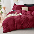 HYMOKEGE Dark Red/Black Duvet Cover King Size, Ultra Soft 3-Piece Seersucker by HYMOKEGE