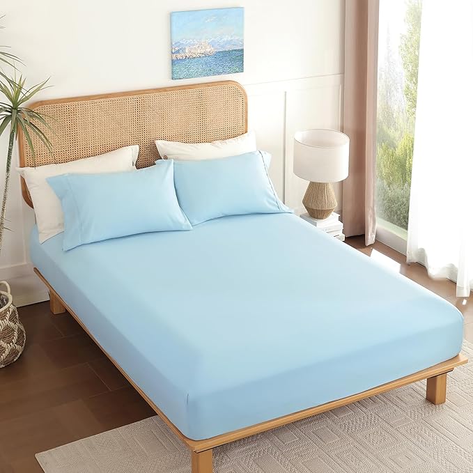 King Sheet Set 4 Piece, Wrinkle Free, Oeko-Tex Certified Bedsheets，Sky Blue - Image 7