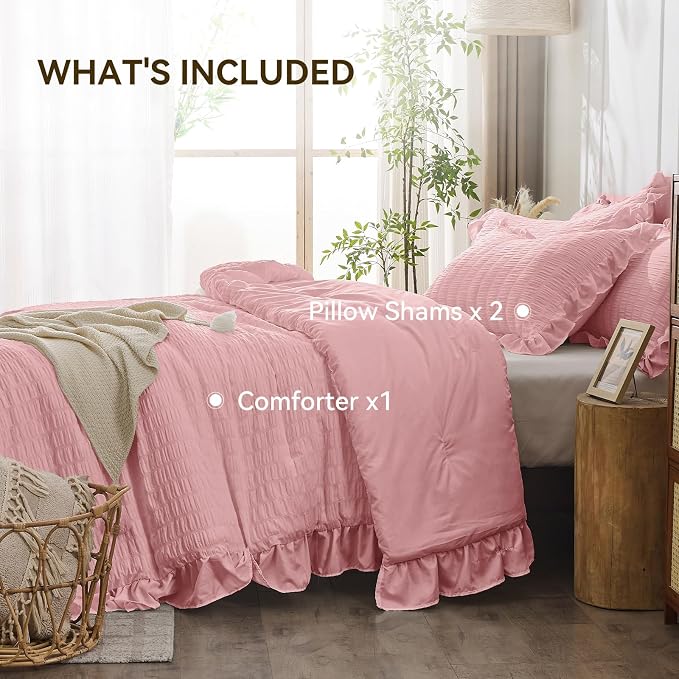 JOLLYVOGUE Pink Comforter Full Size, 3 Pieces Seersucker Lightweight Full Size - Image 5