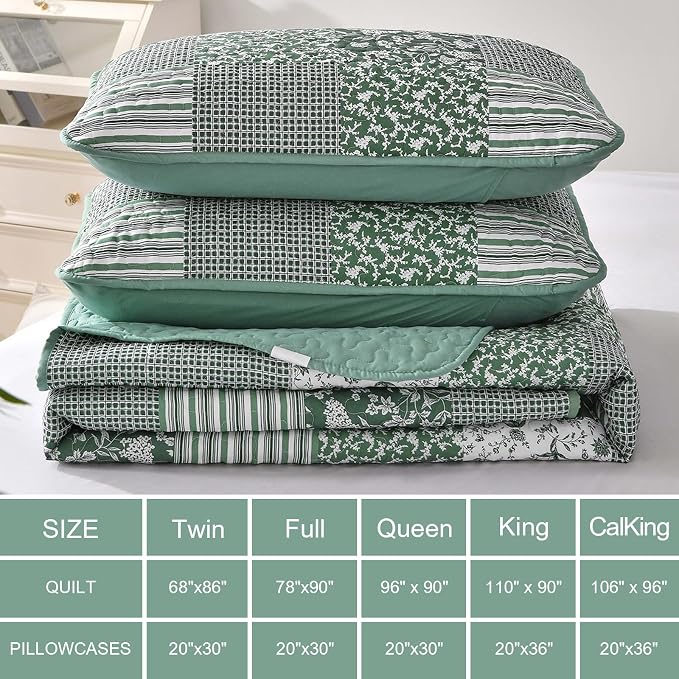 Mybedsoul Green Quilt Set Twin Size, 2 Pieces Plaid Floral Bedspread Set - Image 7