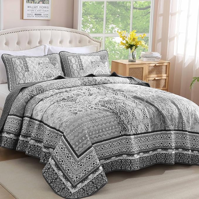 WONGS BEDDING Grey Quilt Set King Size, Bohemian Floral Patchwork Bedspread - Image 2