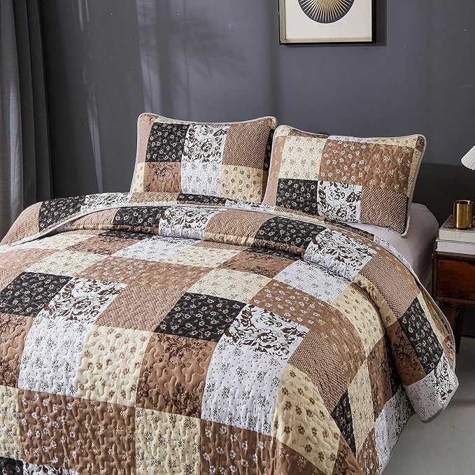 Mybedsoul Brown Quilt Set Full Size, 3 Pieces Plaid Floral Bedspread Set - Image 6