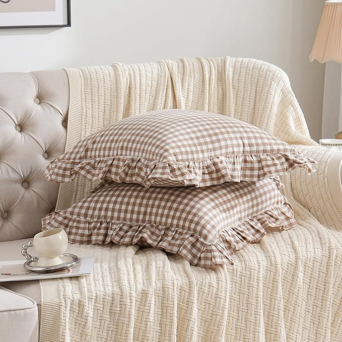 2 Pack Taupe/Brown Plaid Ruffle Throw Pillow Covers Farmhouse Checkered Chic - Image 2