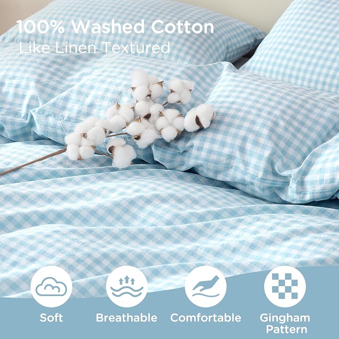 TOCOMOA Light Blue Gingham Duvet Cover Bedding Set 100% Washed Cotton Like - Image 5