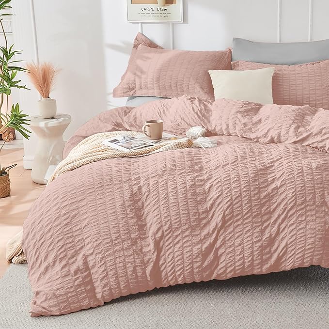 HYMOKEGE Rose Gold/Light Grey Full Size Comforter Sets Seersucker 7 Pieces - Image 2