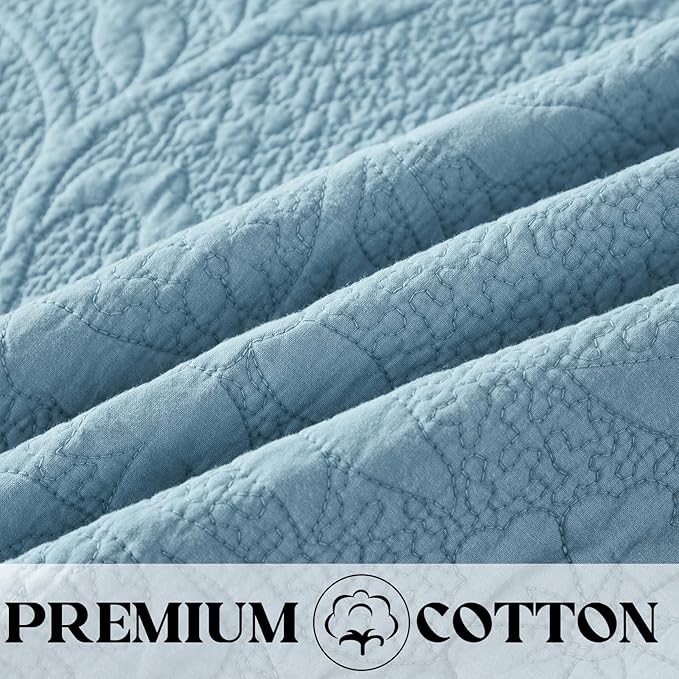 Brandream Luxury 100% Cotton Quilt Set King Size Blue Floral Vine Matelasse - Image 5