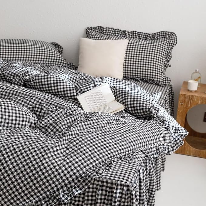 MKXI Black and White Gingham Duvet Cover Full, 3-Piece Ruffled Bedding Set - Image 3