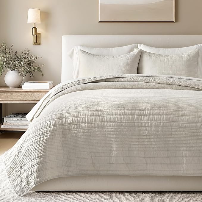 EVERGRACEHOME 100% Cotton Modern Lines Quilt Set Queen Size, Pre-Washed Soft by EVERGRACEHOME