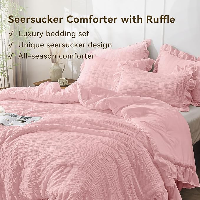 JOLLYVOGUE Pink Seersucker King Comforter Set, 3 Pieces Bed in a Bag Comforter - Image 3