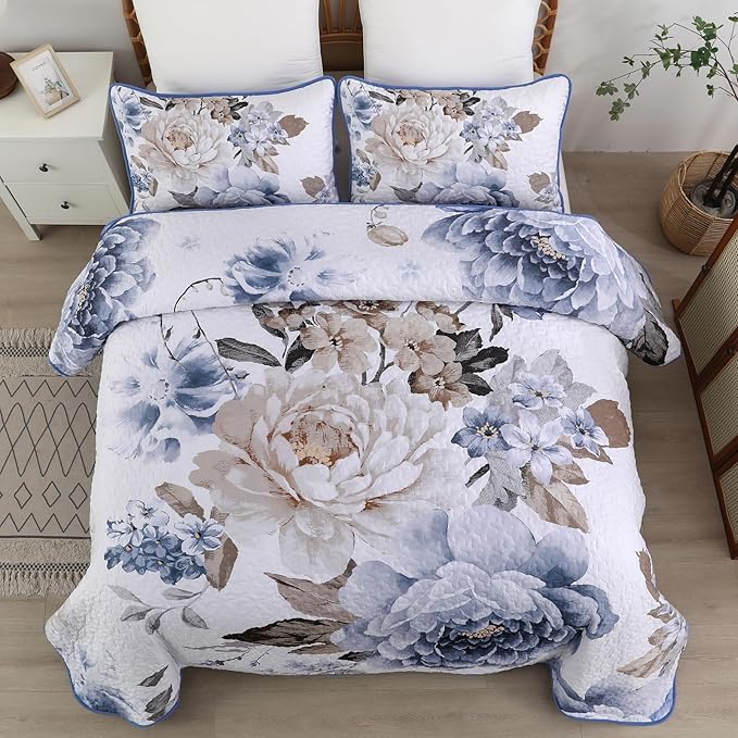 WONGS BEDDING Floral Quilt Set Blue California King Size 3 Pieces Elegant - Image 3