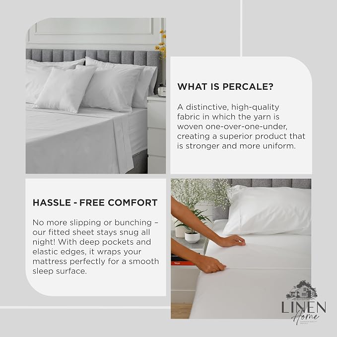 Linen Home 100% Cotton Percale Weave Fitted Sheet, Full Size, Dove Grey - Image 4