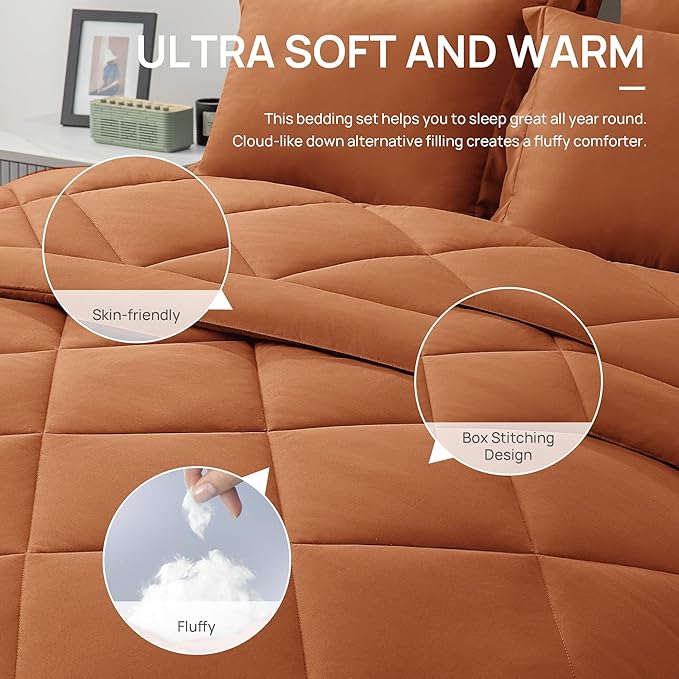 Love's cabin Queen Comforter Set Terracotta, 7 Pieces Queen Bed in a Bag - Image 5