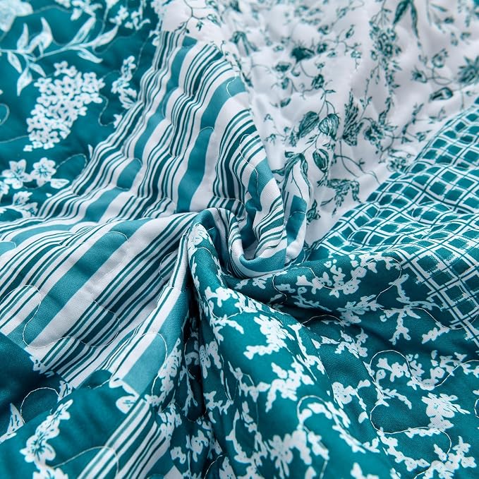 Mybedsoul Teal Blue Quilt Set Queen Size 3 Pieces Boho Plaid Turquoise Floral - Image 7