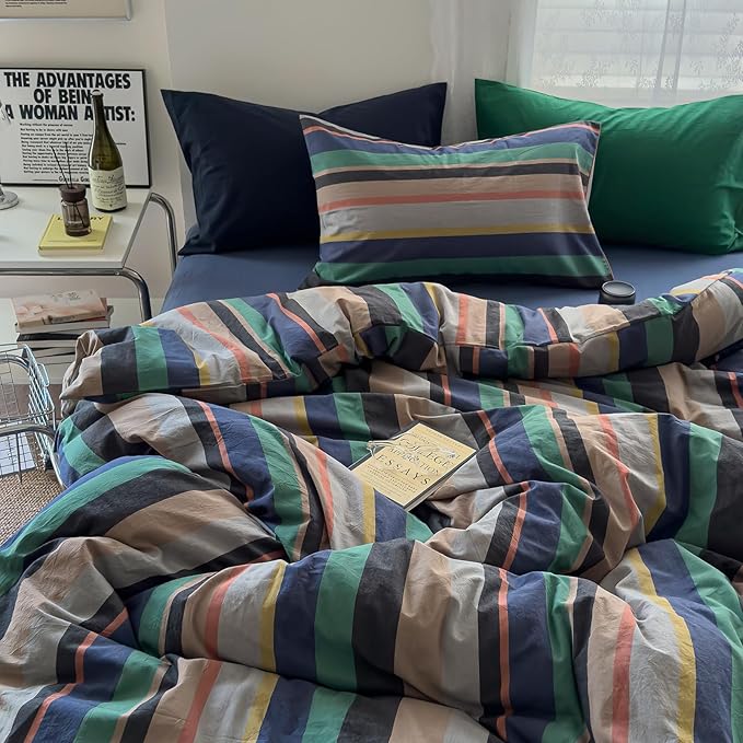 mixinni Vintage Striped Duvet Cover Queen Size 100% Washed Cotton 3 Piece - Image 2