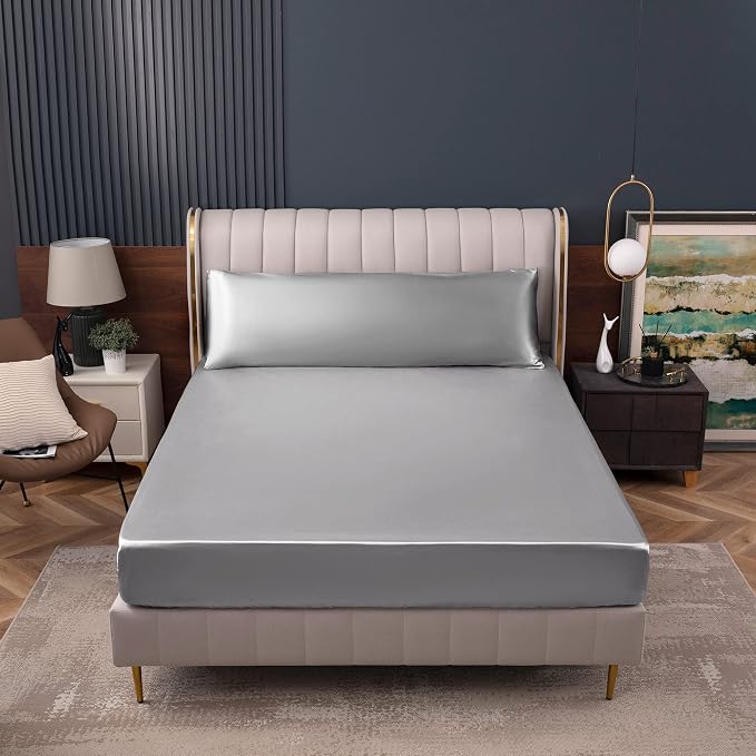 Homiest Light Grey Satin Fitted Sheet King Size, Deep Pocket, Luxury & Ultra - Image 7