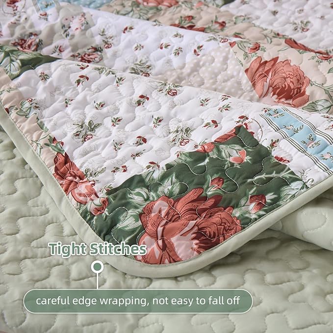 Anibedding 3 Pieces Green Patchwork Quilt Set Queen Size, Bohemian Red Flower - Image 6