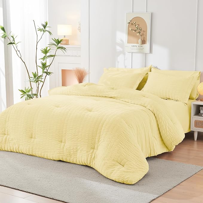 HYMOKEGE Yellow California King Comforter Set Seersucker 7 Pieces, All Season - Image 8