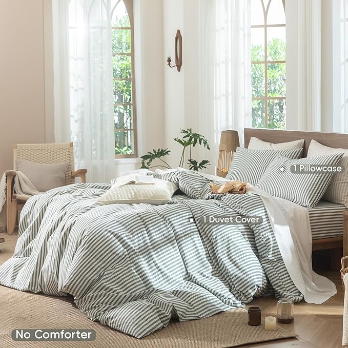 MooMee Striped Duvet Cover Set 100% Washed Cotton Linen Like Textured - Image 2