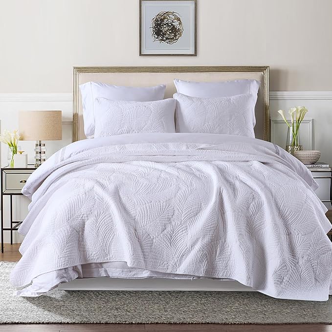 ROOMLIFE Queen Quilt Set Palm Leaves Pattern 3 PCS 100% Cotton Soft Breathable by ROOMLIFE
