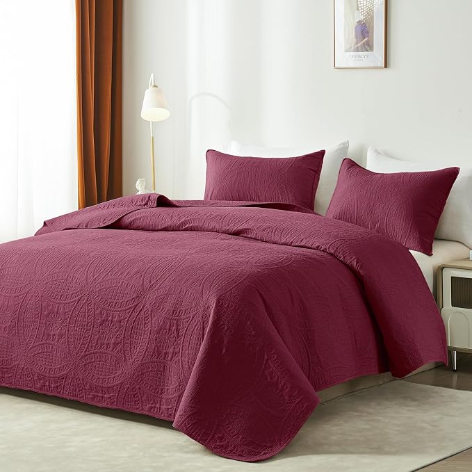 akkialla Burgundy Twin Quilt Set, Ultrasonic Lightweight Bedspread Coverlet - Image 2