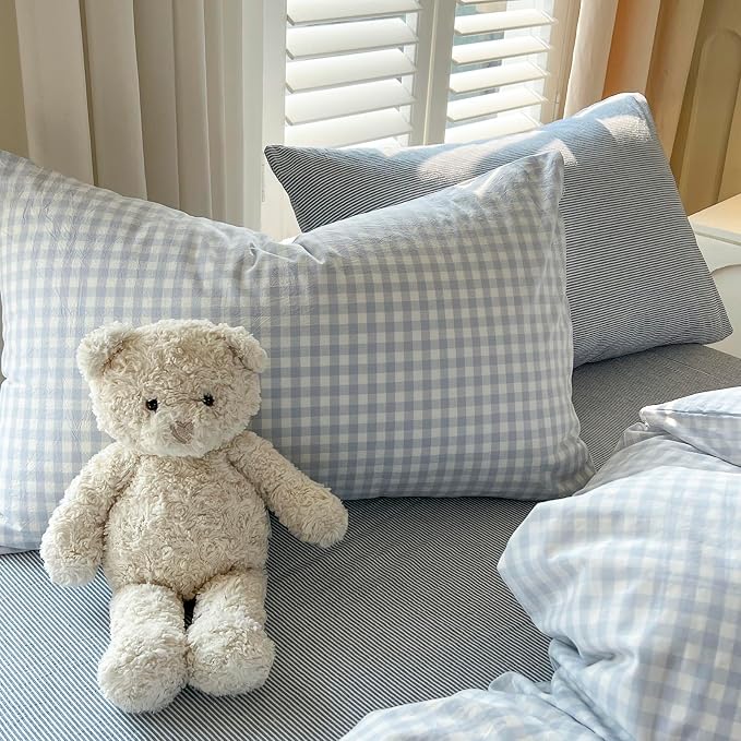 mixinni Light Blue Gingham Duvet Cover Set Twin XL Size - Image 8