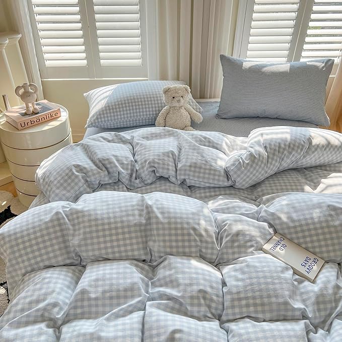 mixinni Light Blue Gingham Duvet Cover Set King Size by mixinni