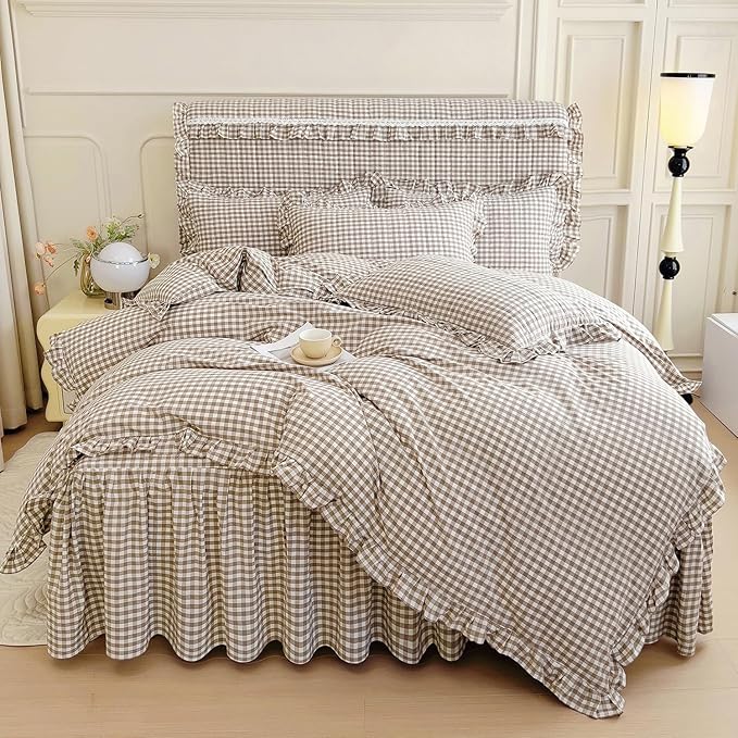 mixinni Tan Gingham Ruffle Duvet Cover Twin XL Size 3 Pieces – 100% Washed by mixinni