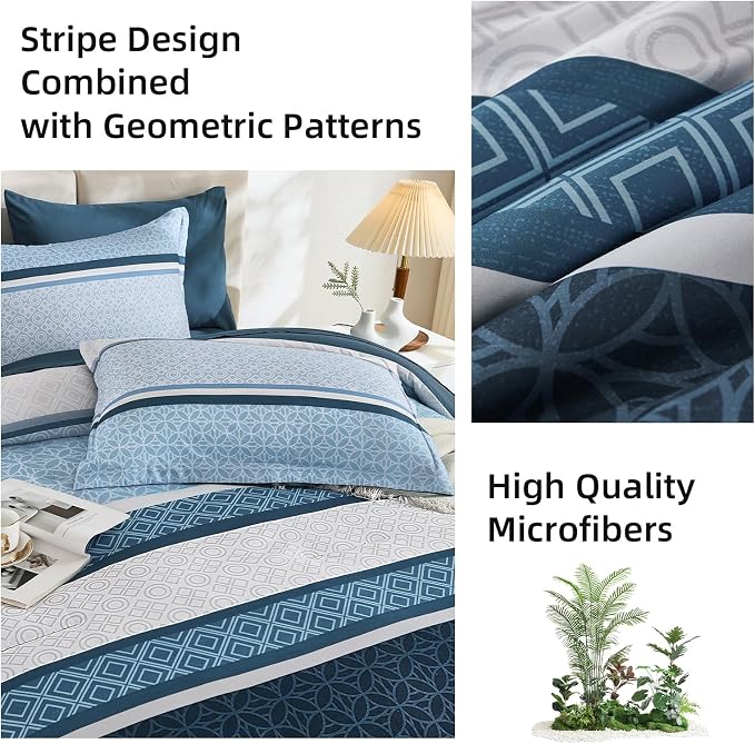 WONGS BEDDING Navy Blue King Comforter Set 7 Pieces, Boho Striped Bed in a Bag - Image 7