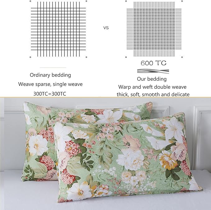 FADFAY Girls Floral Duvet Cover Set Twin 100% Cotton Bedding 600 TC Mint Green - Image 3