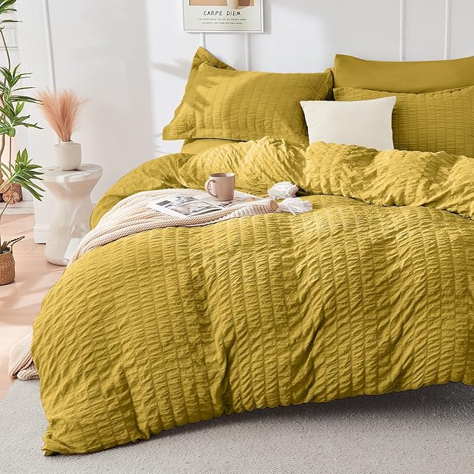HYMOKEGE Mustard Yellow Full Size Comforter Sets Seersucker 7 Pieces, All - Image 2