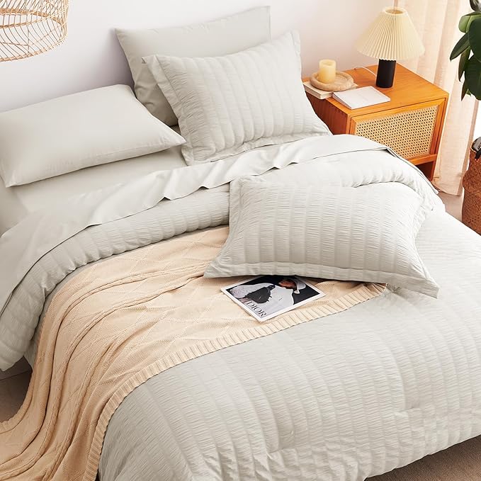 CozyLux Queen Comforter Set Beige Seersucker 7 Pieces Bed in a Bag Queen - Image 8